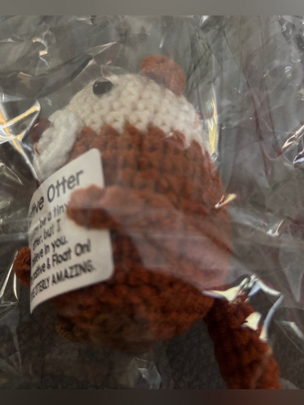 Emotional Support Doll, Otter Handmade Crochet in Browns with a Positive Message - Picture 4 of 4